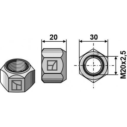 Металлическа гайка со зажимной частью M20 - DIN980 galv. 10.9