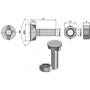 Болт для плуга M10x1,5x35 с шестигранной гайкой
