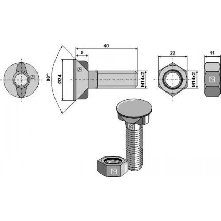 Болт для плуга M14x2x40 с шестигранной гайкой