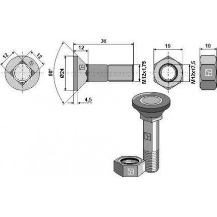 Болт с потайной головкой М12х36 с гайкой