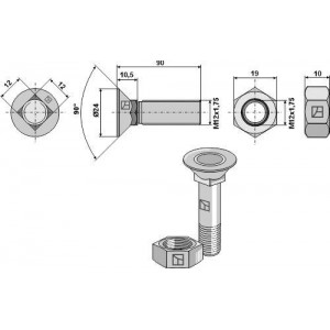 Болт для плуга M12x1,75x90 с шестигранной гайкой