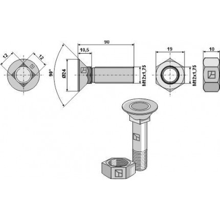 Болт для плуга M12x1,75x90 с шестигранной гайкой