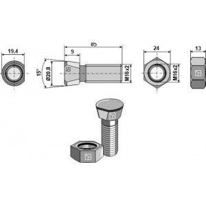 Болт для лапы M16 x 2x 85 с шестигранной гайкой