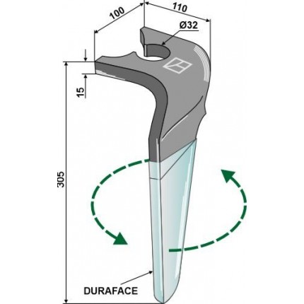 Зуб ротационной бороны - DURAFACE левый