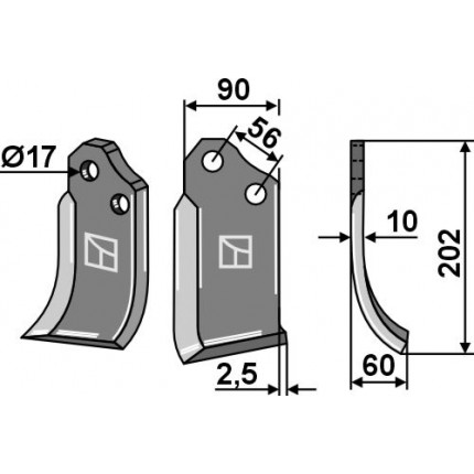 Ротационный зуб 202x90мм, правый